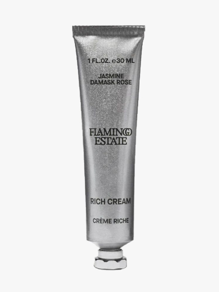 Flamingo Estate Mini Jasmine & Rose Rich Cream silver tube on light gray background