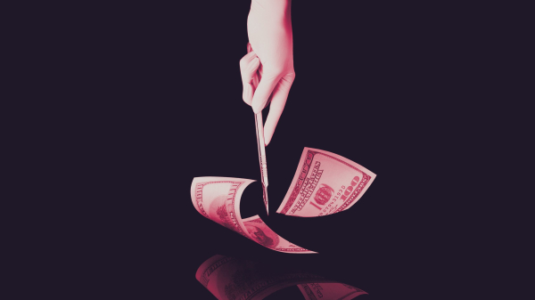 Graphic of a hand cutting through money with a surgery tool.